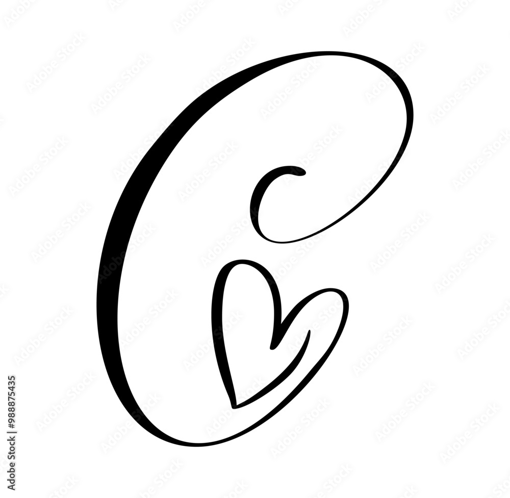 Script capital font logo calligraphy love letter C initial. Hand drawn vector brush style flourish. Vintage heart monogram. Valentine flourish element. Sign for page decoration design illustration Script capital font logo calligraphy love letter C initial. Hand drawn vector brush style flourish. Vintage heart monogram. Valentine flourish element. Sign for page decoration design illustration