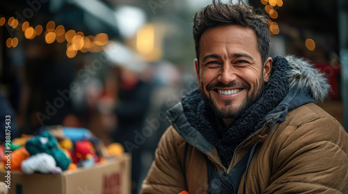 cheerful man smiles warmly while standing in bustling market filled with colorful items. His friendly demeanor and cozy attire create welcoming atmosphere