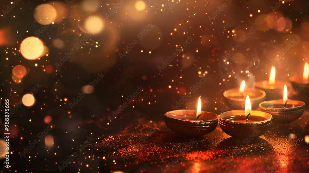 Festive Diwali diyas glowing in a sea of golden light and sparkles Festive Diwali diyas glowing in a sea of golden light and sparkles