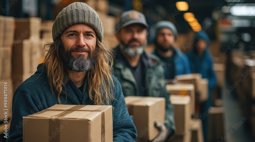 Nonprofit workers are preparing packages for shipment, showcasing teamwork and dedication in warehouse setting. Their expressions reflect commitment to their cause Nonprofit workers are preparing packages for shipment, showcasing teamwork and dedication in warehouse setting. Their expressions reflect commitment to their cause