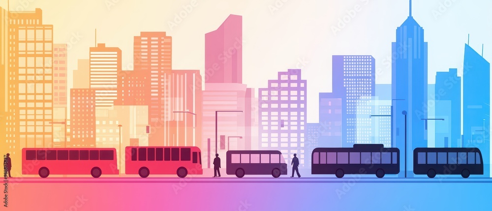 Stylized city skyline with colorful buses and trams on the street. Stylized city skyline with colorful buses and trams on the street.