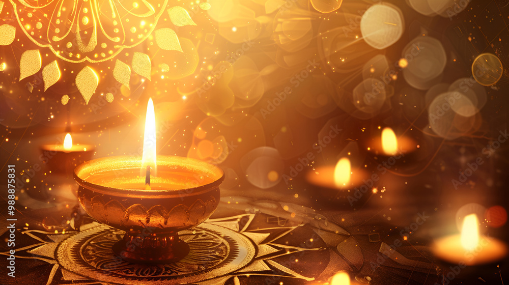 Golden Diwali diya glowing amidst festive lights and decorative patterns Golden Diwali diya glowing amidst festive lights and decorative patterns