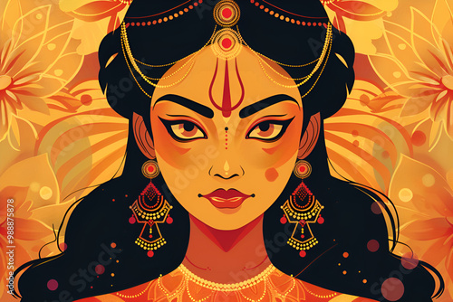 Illustration of Goddess Durga with intricate jewelry in warm golden hues photo