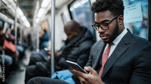 Businessman focused on smartphone while navigating through a crowded train during rush hour