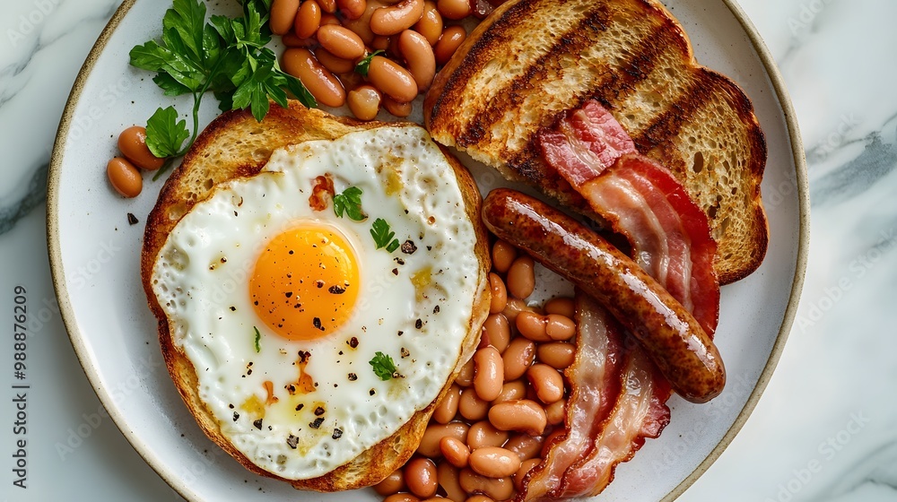 Full English breakfast with fried egg, bacon, sausages, and toast on a white marble table, presented with vivid colors, crispy textures, and gourmet detail. Full English breakfast with fried egg, bacon, sausages, and toast on a white marble table, presented with vivid colors, crispy textures, and gourmet detail.