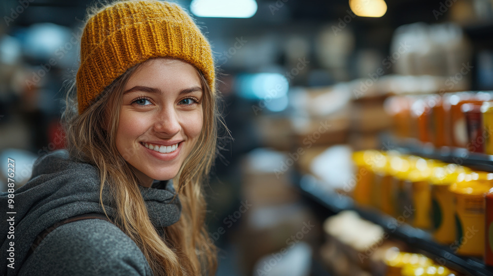 Smiling woman wearing yellow beanie in cozy store, surrounded by shelves filled with various products. Her cheerful expression adds warmth to inviting atmosphere Smiling woman wearing yellow beanie in cozy store, surrounded by shelves filled with various products. Her cheerful expression adds warmth to inviting atmosphere