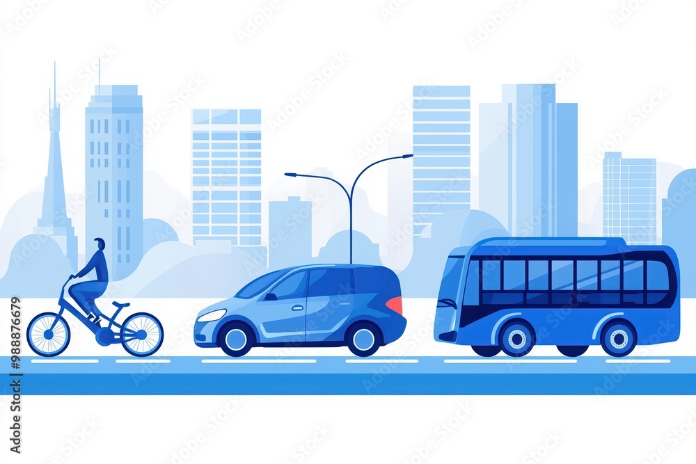 Urban transport scene with cyclist, car, and bus amidst city skyline. Urban transport scene with cyclist, car, and bus amidst city skyline.