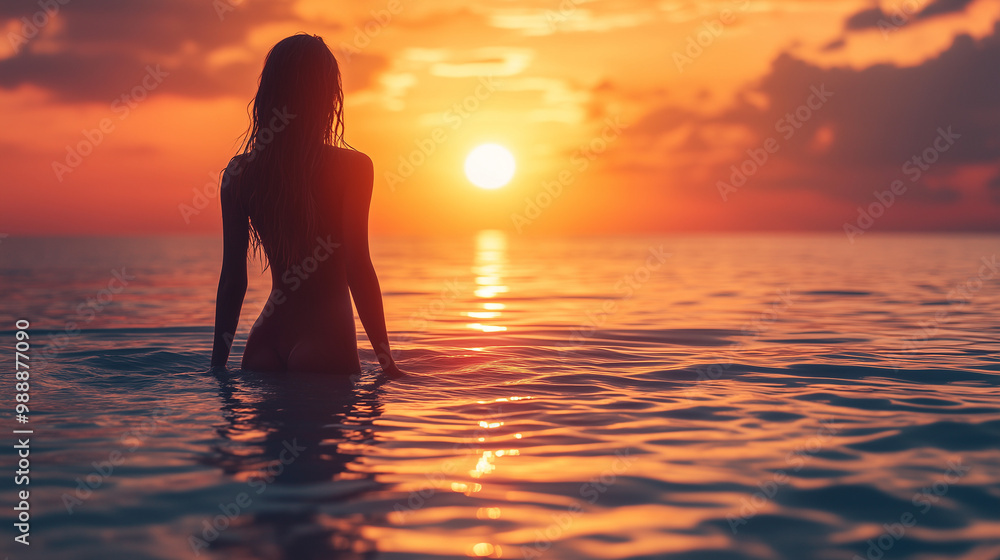 silhouette of a young woman at sunset on the sea silhouette of a young woman at sunset on the sea