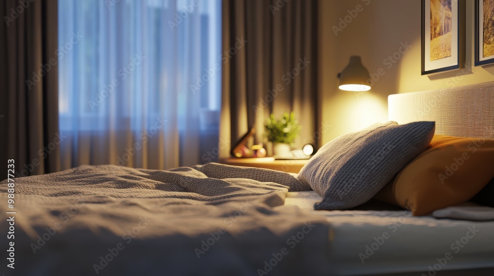 Fototapeta premium A Comfortable Bed Complete with a Fresh Mattress - Ideal for Home Decor and Relaxation Usage