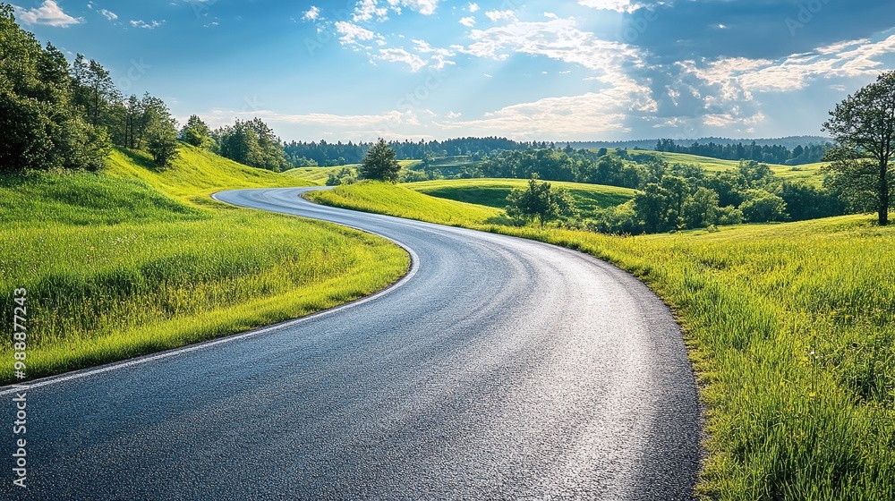 Naklejka premium curvy road through a green grass landscape under a blue sky offering a scenic route for a peaceful countryside journey perfect for summer road adventures and outdoor travel