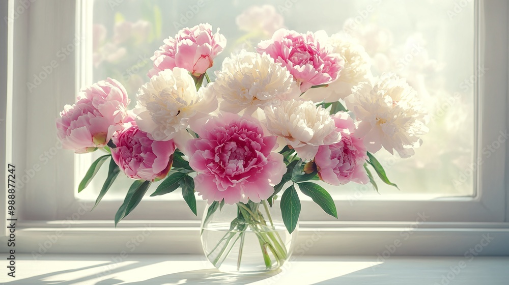 fresh pink and white peonies flowers in a vase on a windowsill with soft sunlight creating a peaceful natural backdrop perfect for product display presentations or home interior floral decor fresh pink and white peonies flowers in a vase on a windowsill with soft sunlight creating a peaceful natural backdrop perfect for product display presentations or home interior floral decor