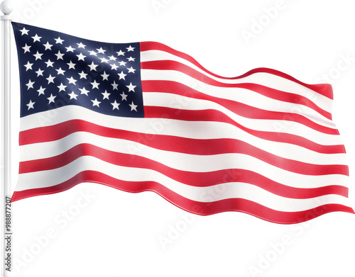 Waving American flag with red and white stripes alongside blue field with stars isolated on transparent background.