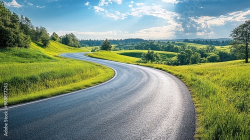 curvy road through a green grass landscape under a blue sky offering a scenic route for a peaceful countryside journey perfect for summer road adventures and outdoor travel