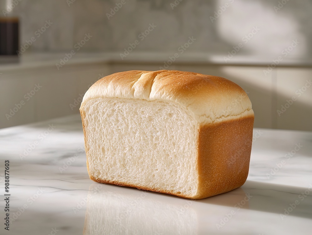 Freshly Baked Soft Sandwich Bread on Marble Countertop. Elegant and Healthy Breakfast Option. Delicious Bakery Goods Freshly Baked Soft Sandwich Bread on Marble Countertop. Elegant and Healthy Breakfast Option. Delicious Bakery Goods