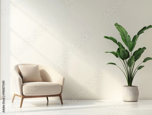 A white chair is placed in a room with a large potted plant. The chair is positioned in front of the plant, facing it. The room is well-lit, with sunlight streaming in through a window