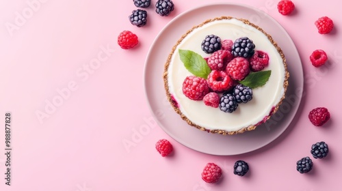 A delicious cheesecake topped with fresh raspberries and blackberries on a pink background.