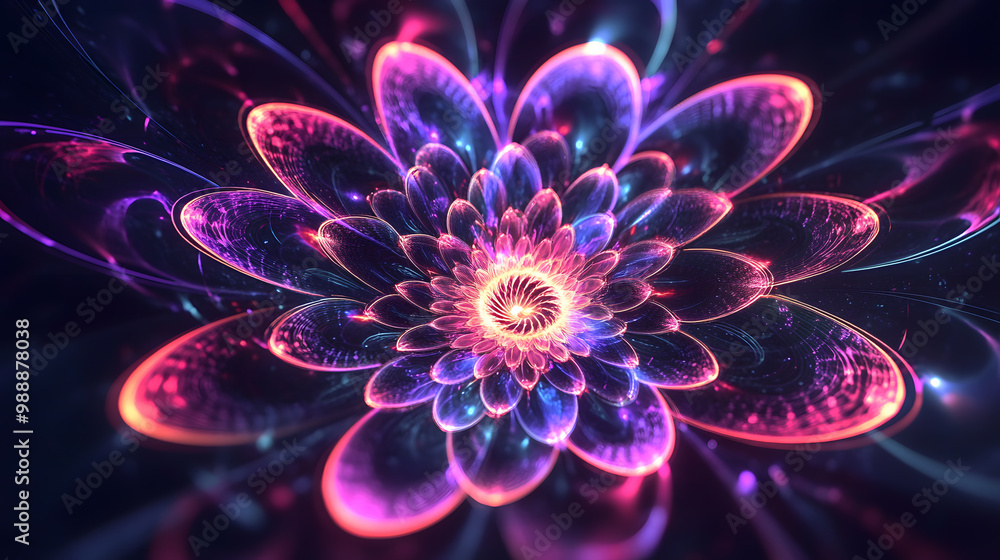 A vibrant, abstract flower with swirling petals in shades of pink and blue, glowing against a dark background. A vibrant, abstract flower with swirling petals in shades of pink and blue, glowing against a dark background.