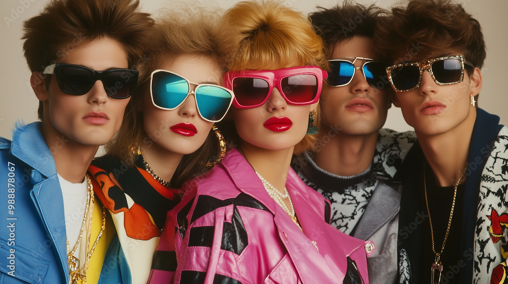Obraz premium Grupa ludzi ubranych w kolorowe, jaskrawe stroje z szerokimi ramionami, geometrycznymi wzorami i neonowymi akcentami charakterystycznymi dla lat 80.