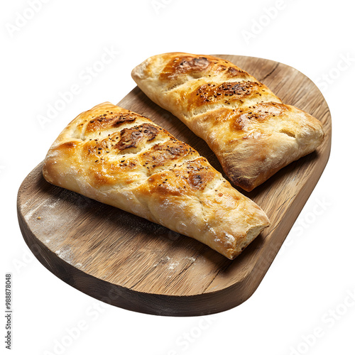 Freshly baked bread rolls on wooden cutting board photo