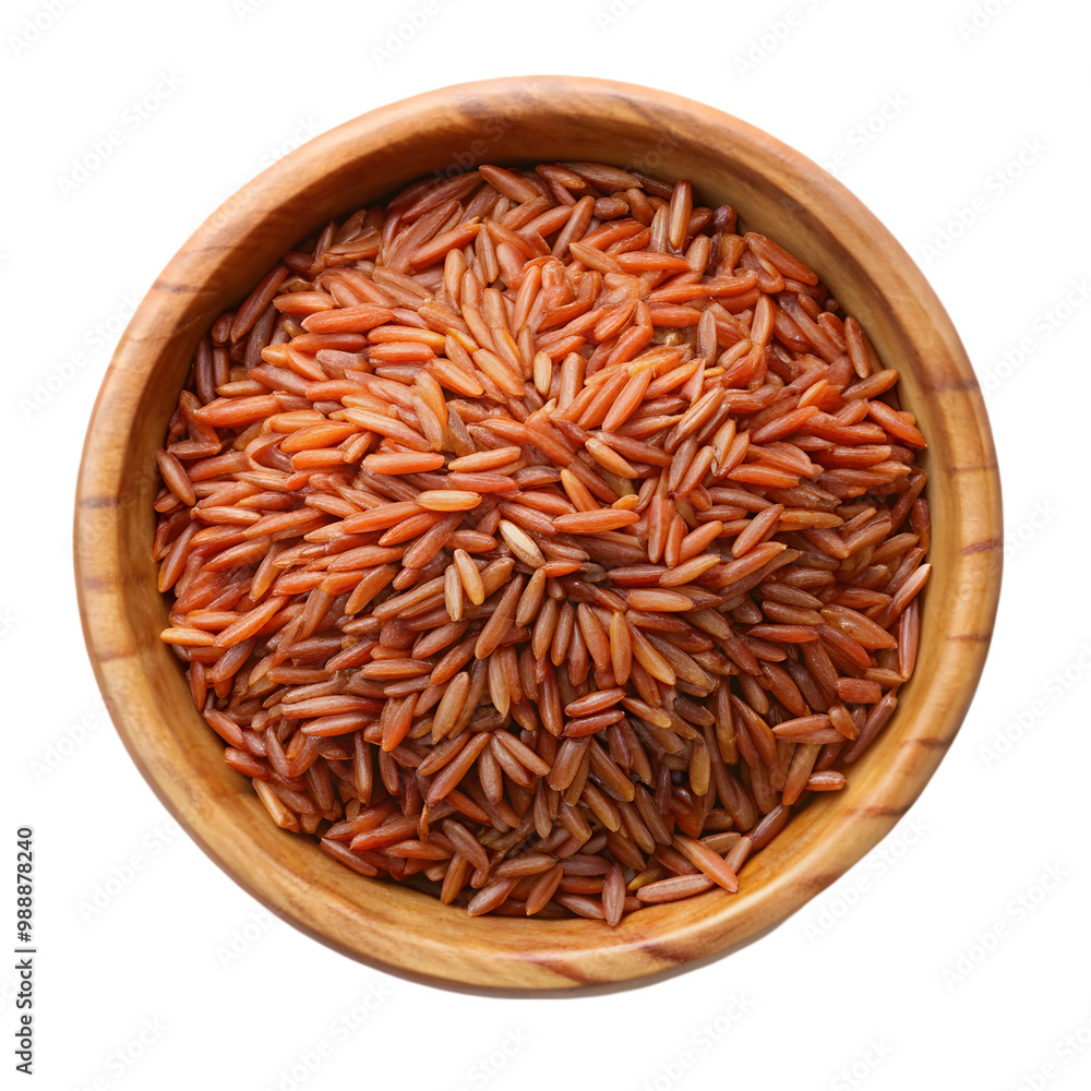Red rice on wooden bowl top view isolated on transparent background Red rice on wooden bowl top view isolated on transparent background