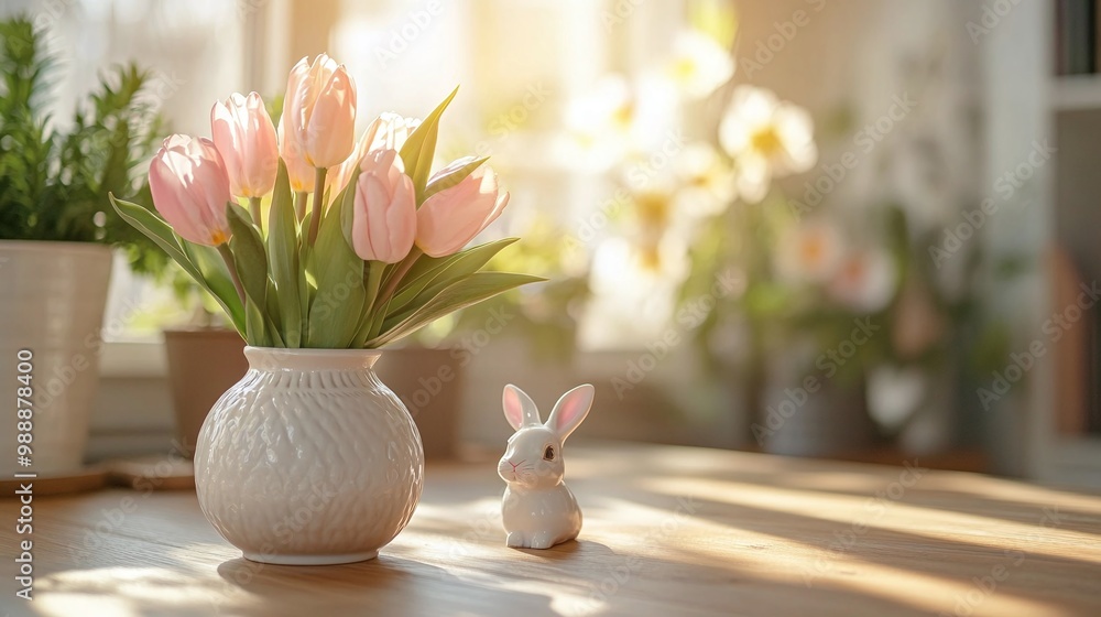 light pink tulips in a white vase next to a ceramic rabbit on a wooden table in the morning sunlight perfect for spring inspired home decor still life and living room floral arrangements light pink tulips in a white vase next to a ceramic rabbit on a wooden table in the morning sunlight perfect for spring inspired home decor still life and living room floral arrangements