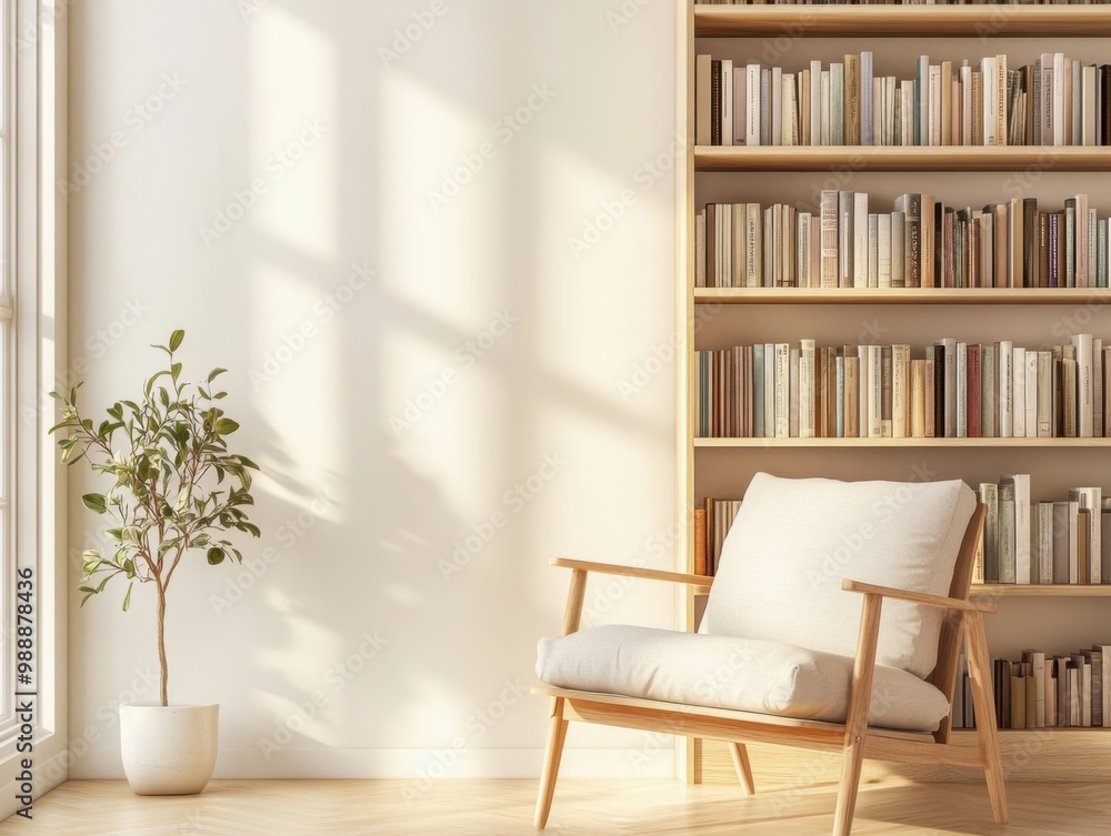 A white chair is in front of a bookshelf. The chair is empty. The bookshelf is full of books A white chair is in front of a bookshelf. The chair is empty. The bookshelf is full of books