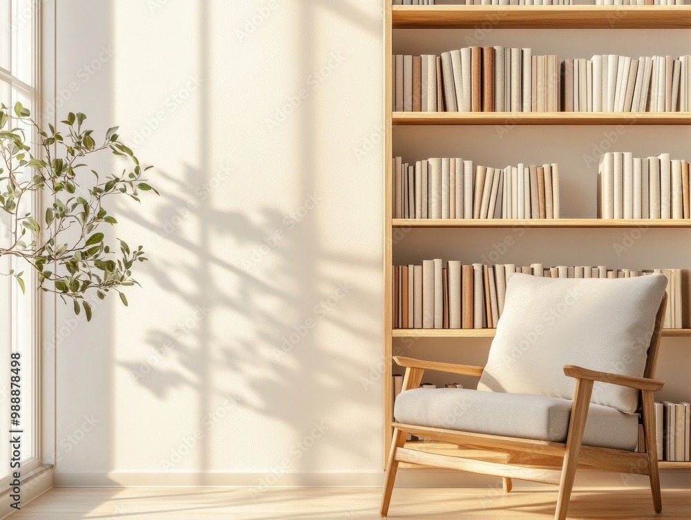 A white chair is sitting in front of a bookshelf. The bookshelf is full of books A white chair is sitting in front of a bookshelf. The bookshelf is full of books