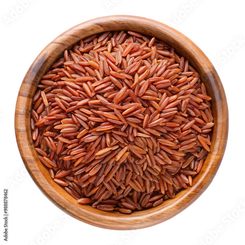 Red rice on wooden bowl top view isolated on transparent background