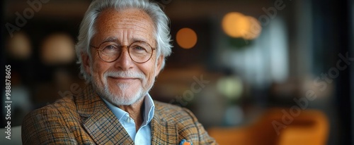 charismatic silverhaired senior gentleman with twinkling eyes and warm smile classic suit and vibrant pocket square exuding confidence and wisdom against softfocus backdrop photo