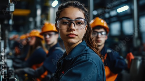 Group of workers in an industrial setting, with a focus on a young female worker in the foreground