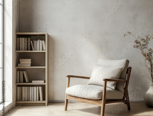 A white chair is in front of a bookshelf. The bookshelf is full of books