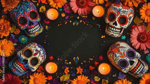 Colorful Sugar Skulls and Flowers Surrounding Burning Candles on a Dark Background photo