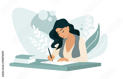 Woman working at her desk at home. Woman writing in a journal, making notes. Wistfulness, mindfulness, journaling, hand writing.
