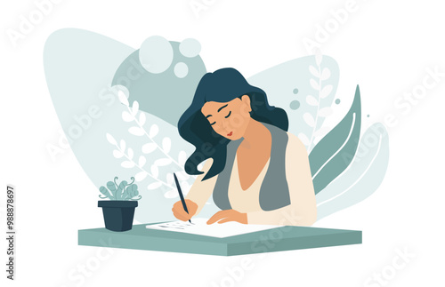 Woman working at her desk at home. Woman writing in a journal, making notes. Wistfulness, journaling, hand writing.
