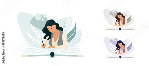 Open book concept. Woman handwriting something coming out from open book. 3 colour concepts
