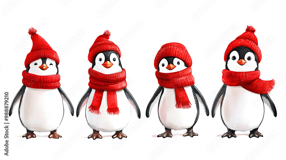 Fototapeta premium four cute penguins in red scarves stand together in the snow. Festive winter holiday scene with Christmas elements and playful penguin figures.”