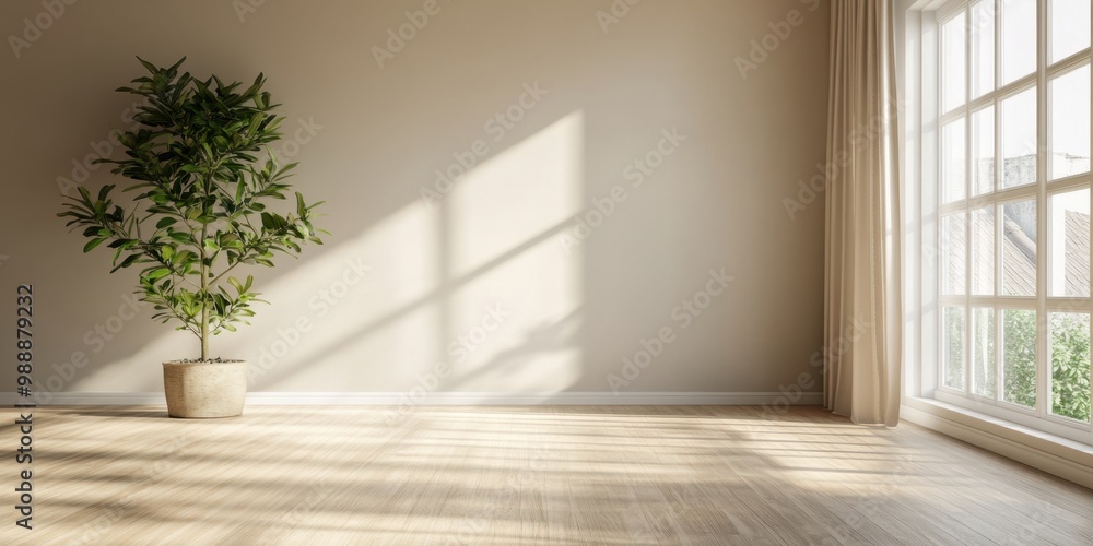 A large window with a curtain and a potted plant in front of it. The plant is in a large pot and is placed in the middle of the room A large window with a curtain and a potted plant in front of it. The plant is in a large pot and is placed in the middle of the room