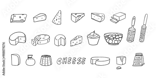 Cheeses collection in doodle style. Feta, maasdam, burrata, mozzarella, radamer, swiss cheese, brie, parmesan, ricotta, mascarpone, gorgonzola, roquefort, stillon, gouda, camembert. Hand drawn