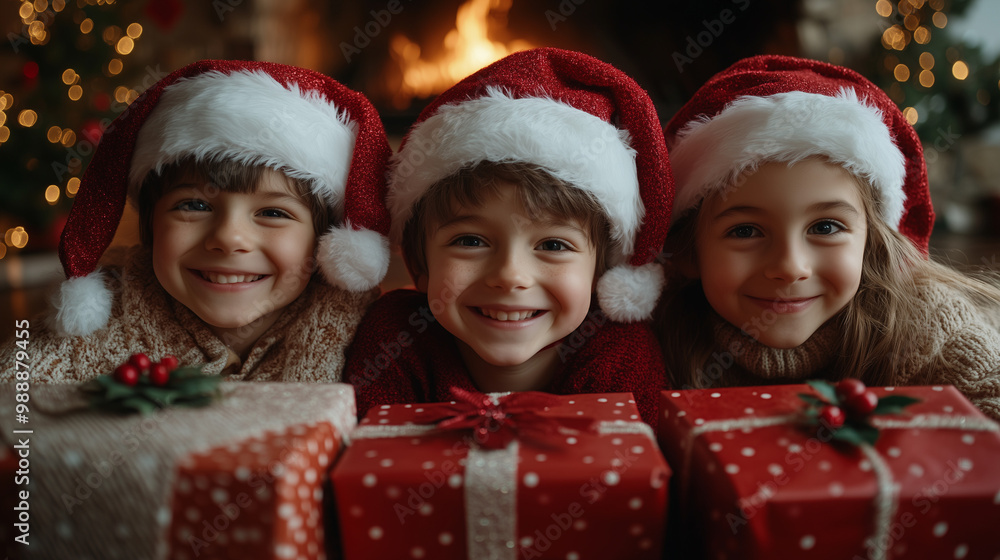 happy kids in santa hats with gift boxes on christmas background happy kids in santa hats with gift boxes on christmas background