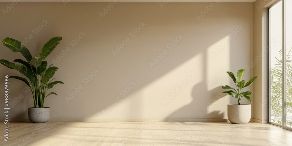 A large empty room with two potted plants. One plant is on the left side of the room and the other is on the right side A large empty room with two potted plants. One plant is on the left side of the room and the other is on the right side