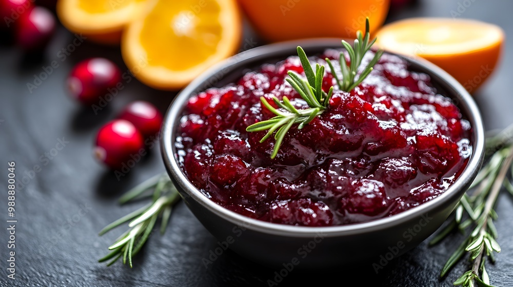 Bowl of cranberry sauce garnished with rosemary, surrounded by fresh cranberries and orange halves on a dark background Bowl of cranberry sauce garnished with rosemary, surrounded by fresh cranberries and orange halves on a dark background