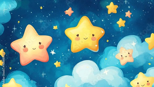 Starry Friends Wonderland, Brighten up any room with this charming wallpaper featuring adorable cartoon-style stars in a playful wonderland.