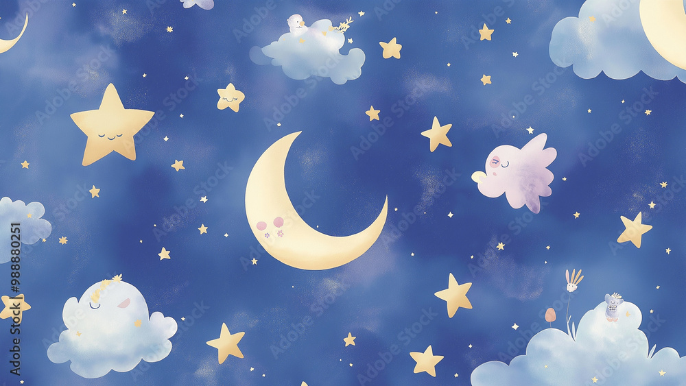 Naklejka premium Starry Friends Wonderland, Brighten up any room with this charming wallpaper featuring adorable cartoon-style stars in a playful wonderland.