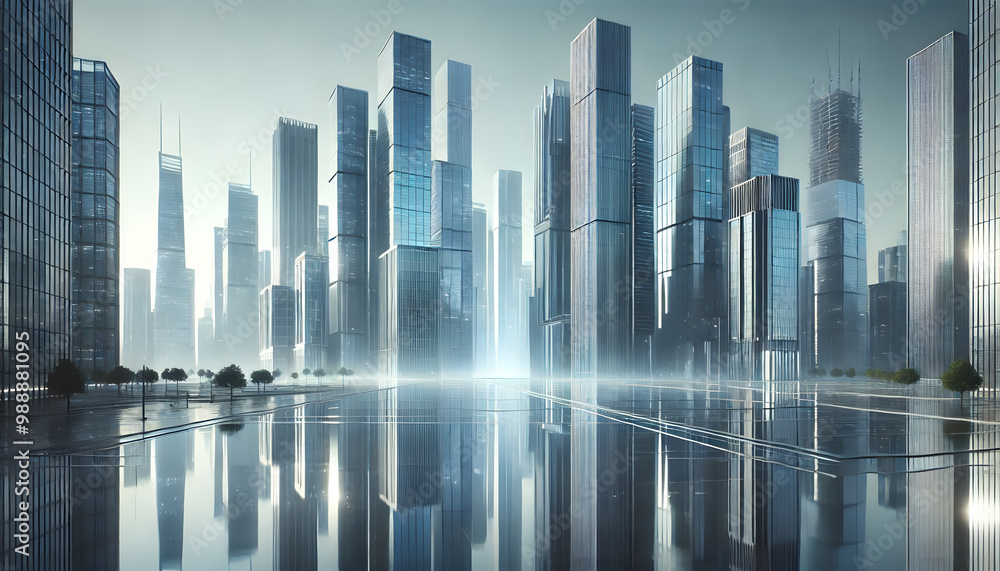 Fototapeta premium 未来的な都市景観とガラスの高層ビルの反射