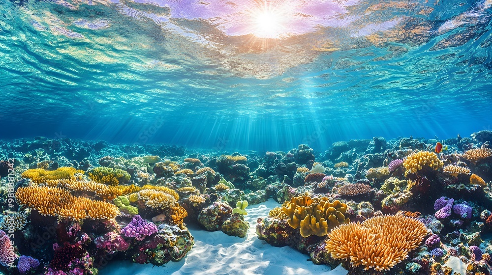 Naklejka premium Underwater scene with colorful coral reefs and crystal clear water, where bright sunlight creates rippling patterns over a white sandy ocean floor in a tropical ecosystem.