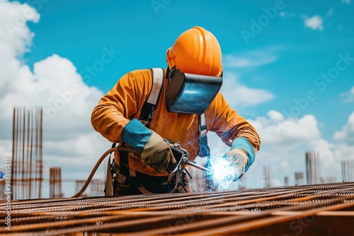 the worker is fastened with a safety belt when working at height photo