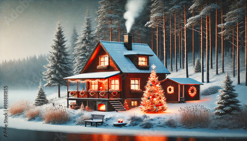 Festive holiday cabin with twinkling lights, a decorated Christmas tree, and snowy surroundings. photo