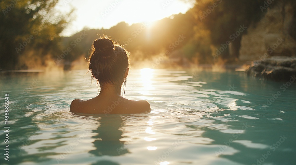 young woman relaxing in a serene bath of natural thermal waters with radiant sunlight shining down her content smile and gentle posture reflecting a peaceful healing retreat in nature young woman relaxing in a serene bath of natural thermal waters with radiant sunlight shining down her content smile and gentle posture reflecting a peaceful healing retreat in nature