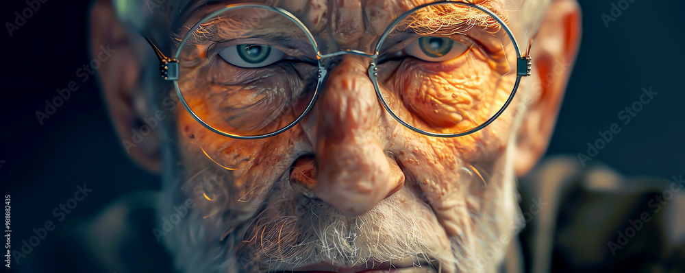 An old man with a stern expression on his face and a light on his glasses. An old man with a stern expression on his face and a light on his glasses.