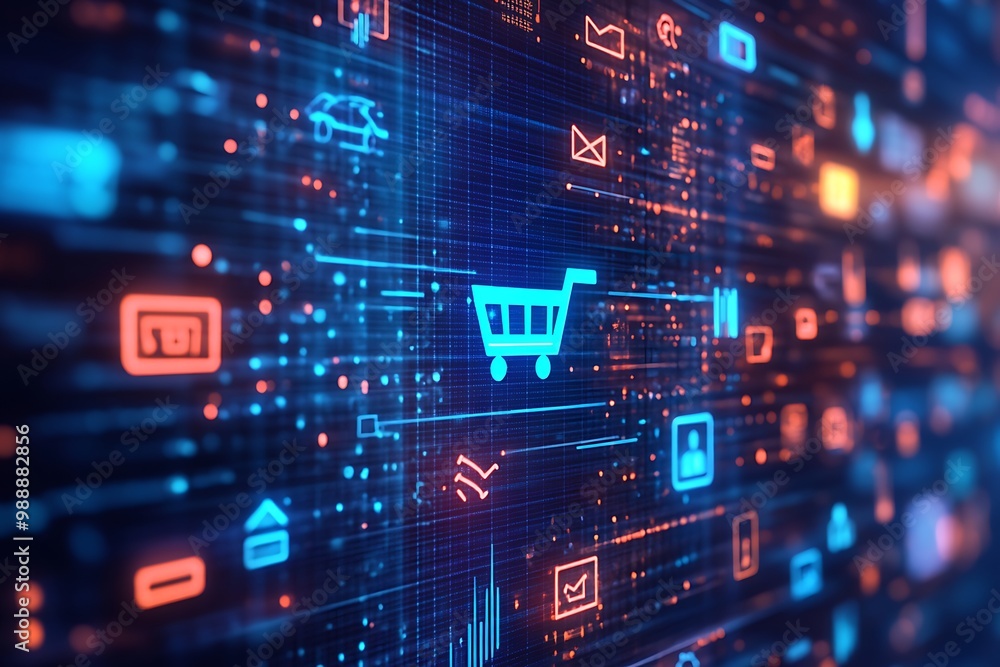 Digital Shopping Cart on Blurred Background with Neon Icons and Connectivity Network Digital Shopping Cart on Blurred Background with Neon Icons and Connectivity Network
